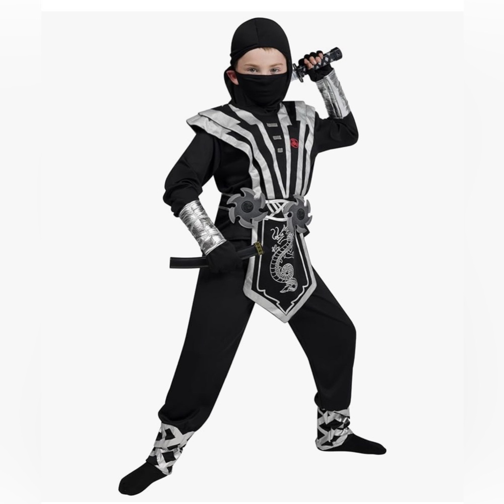 Black Ninja Costume with Silver Dragon Design Youth kids Medium